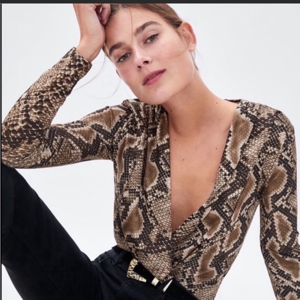 Zara Snake Print Deep V neck wrap body suit size Small EUC
